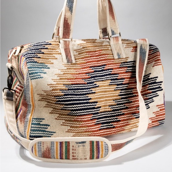 90. LAST 1! Blue Vacation Bag Woven Boho Bohemian Aztec Duffle Travel Weekender - Picture 2 of 7